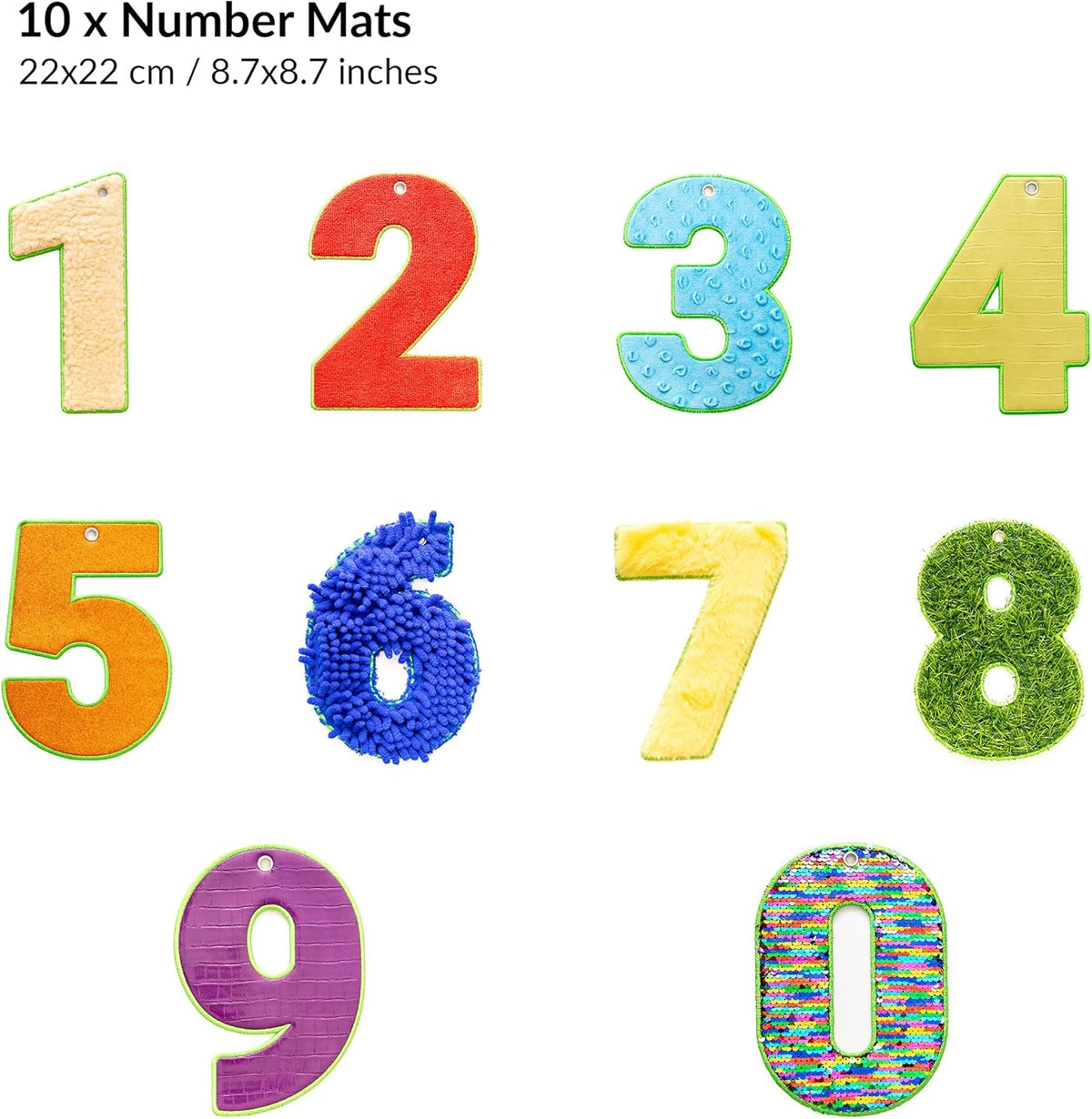 Set of colorful number texture mats from 1 to 10 on a white background