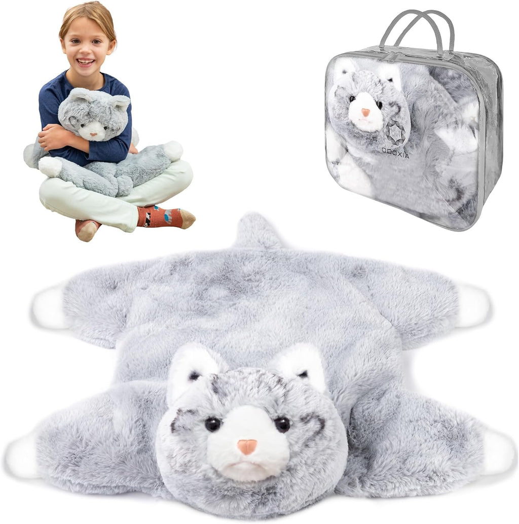 Collage of a gray weighted plush cat toy with a child holding it, the toy in a clear packaging, and the toy lying flat.
