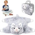 Collage of a gray weighted plush cat toy with a child holding it, the toy in a clear packaging, and the toy lying flat.