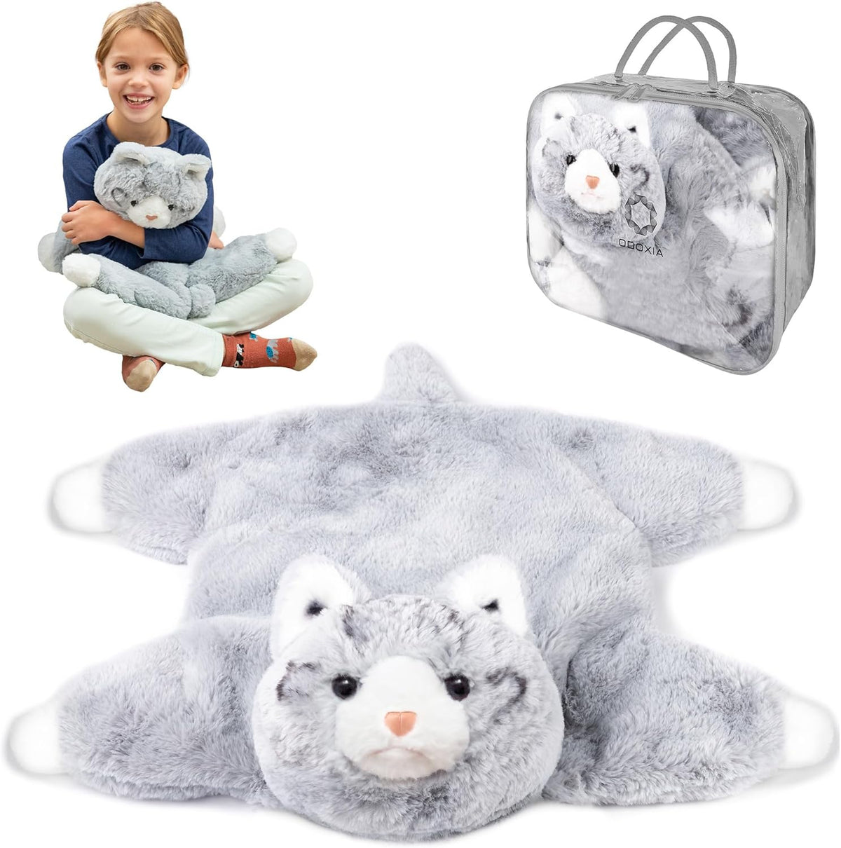 Collage of a gray weighted plush cat toy with a child holding it, the toy in a clear packaging, and the toy lying flat.