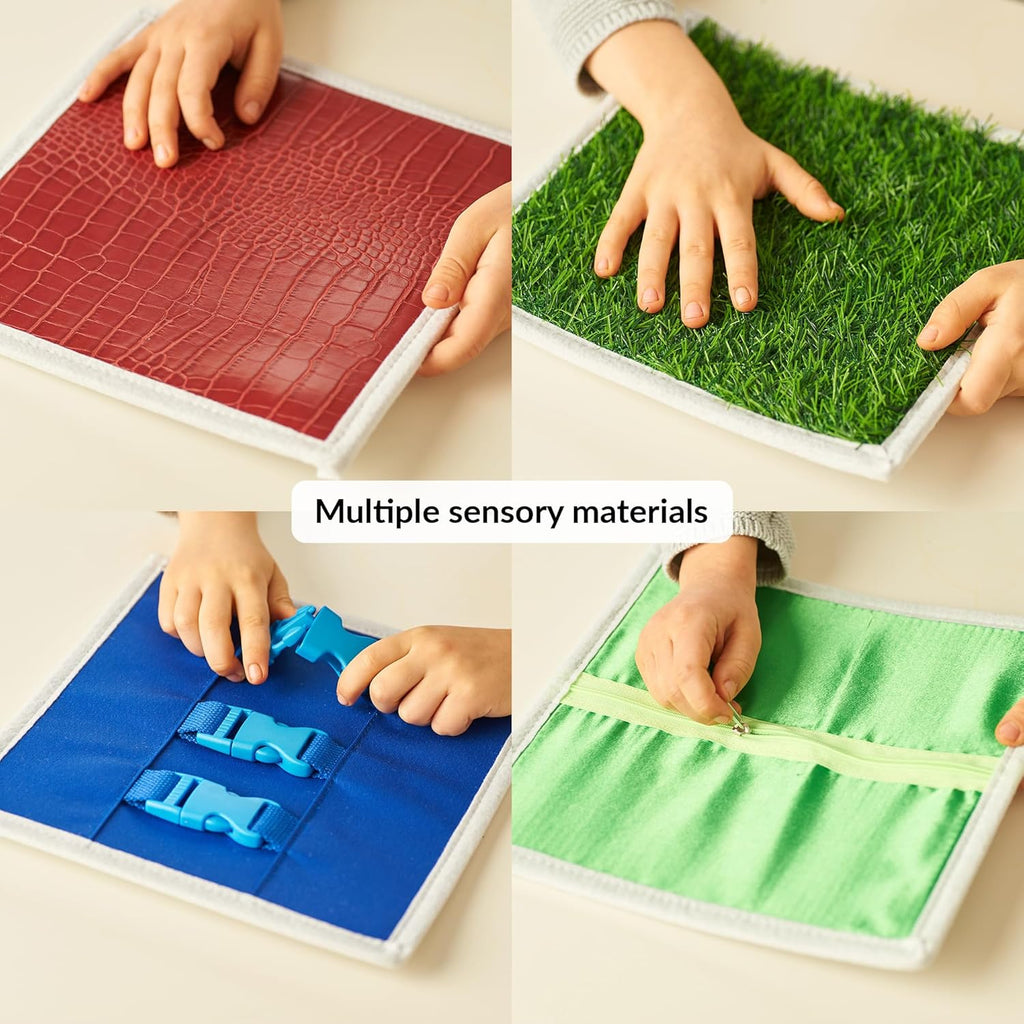 Four different sensory materials being touched by hands on a white surface.