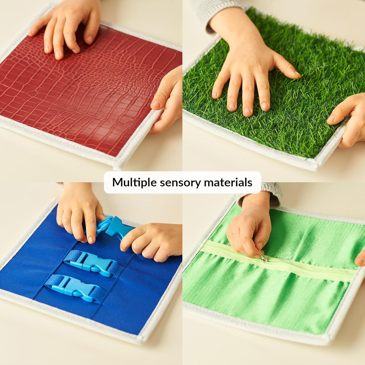 Four different sensory materials being touched by hands on a white surface.