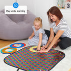 Woman and child playing with a colorful learning sequins mat on the floor.
