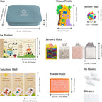 Collage of educational calm down toys and materials with dimensions labeled