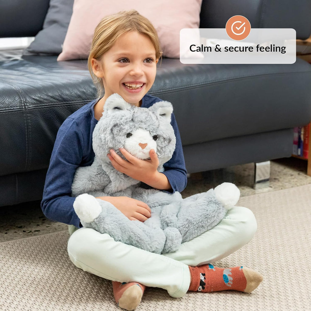 Child holding a plush toy, labeled 'Calm & secure feeling'.