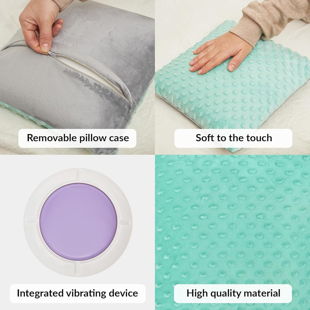 Collage of a pillow with features including removable pillow case, softness, integrated vibrating device, and high quality material.