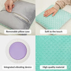 Collage of a pillow with features including removable pillow case, softness, integrated vibrating device, and high quality material.