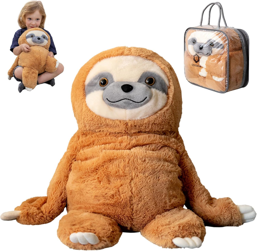 Plush sloth toy with a child holding it, and a carrying case.