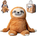 Plush sloth toy with a child holding it, and a carrying case.