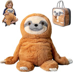 Plush sloth toy with a child holding it, and a carrying case.