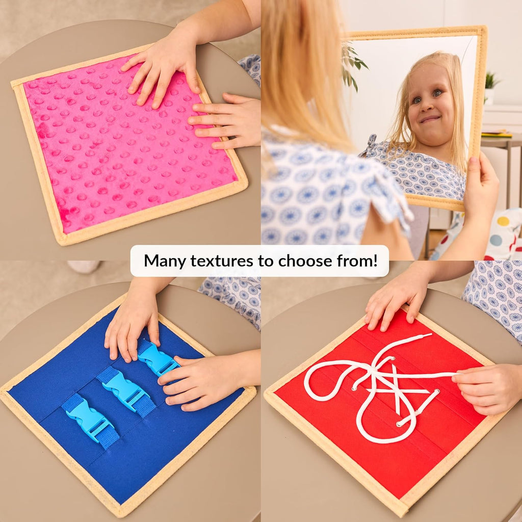 Collage of children interacting with educational boards featuring textures and shapes.