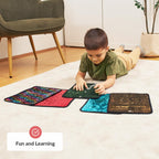 Child playing with colorful mats on a carpeted floor, with a chair and plant in the background.