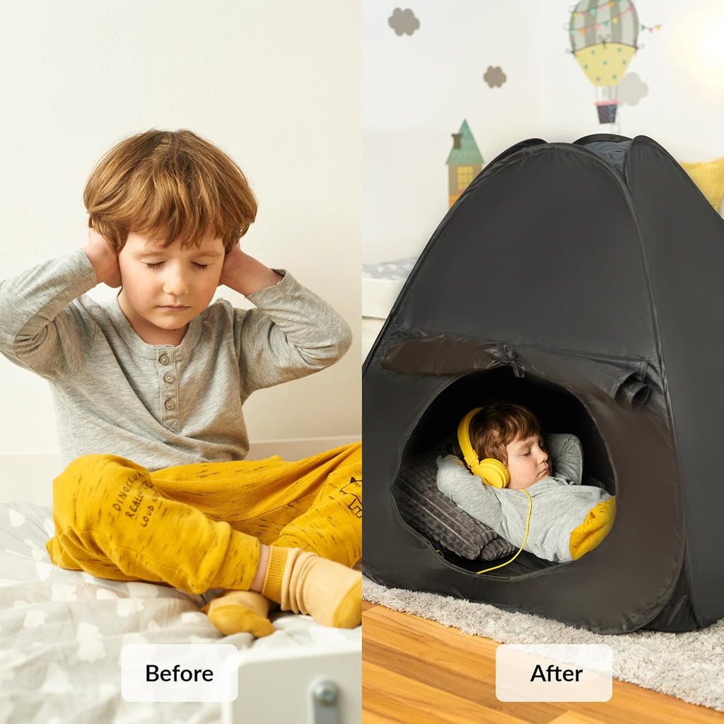 Before and after comparison of a autistic child in a bedroom with and without a black pop-up sensory tent.