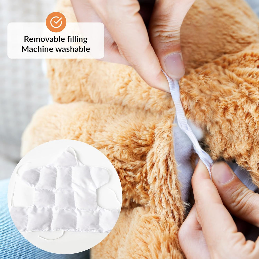 Person removing a plush toy's filling with text indicating removable filling and machine washability.