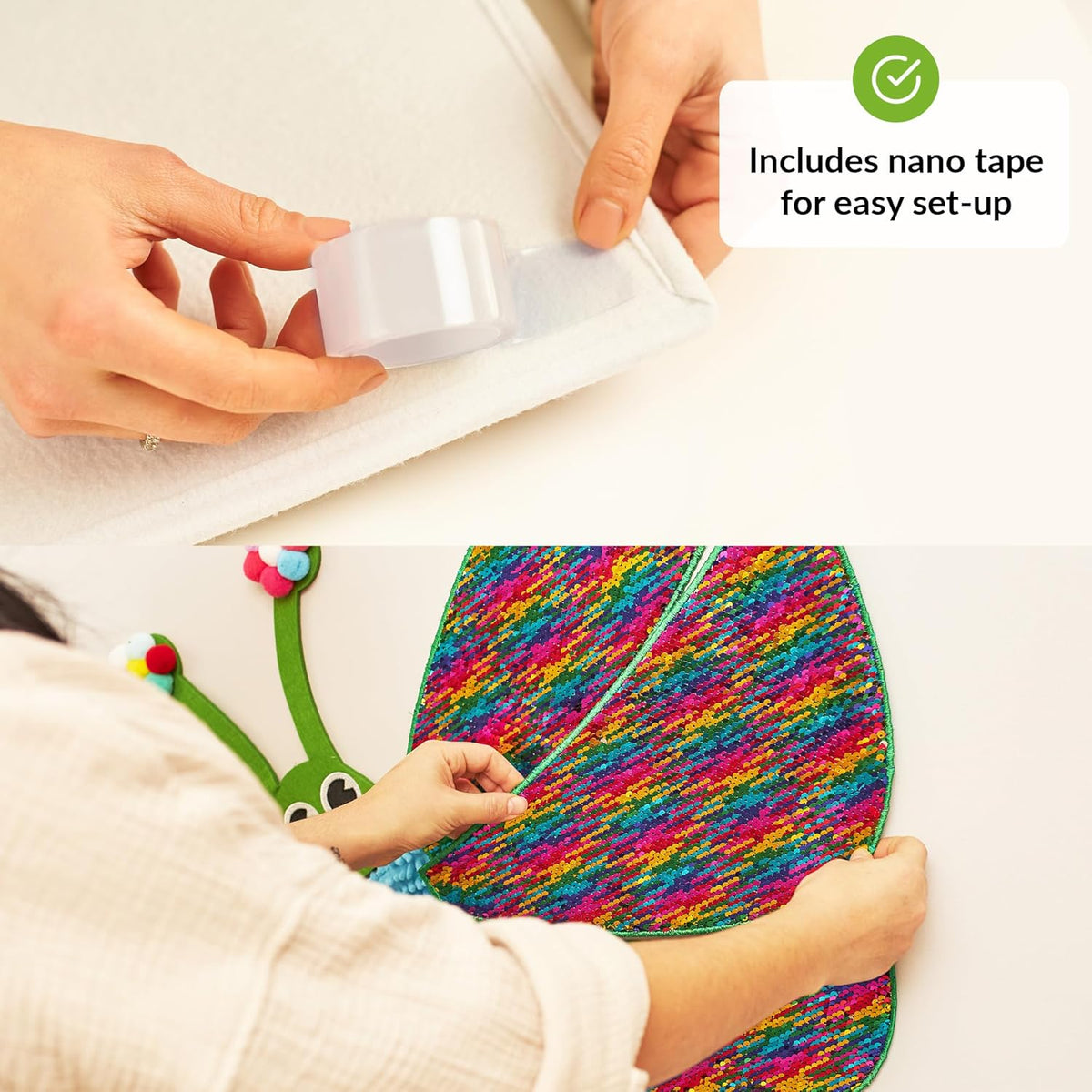 Person applying a colorful wall decor for autistic kids