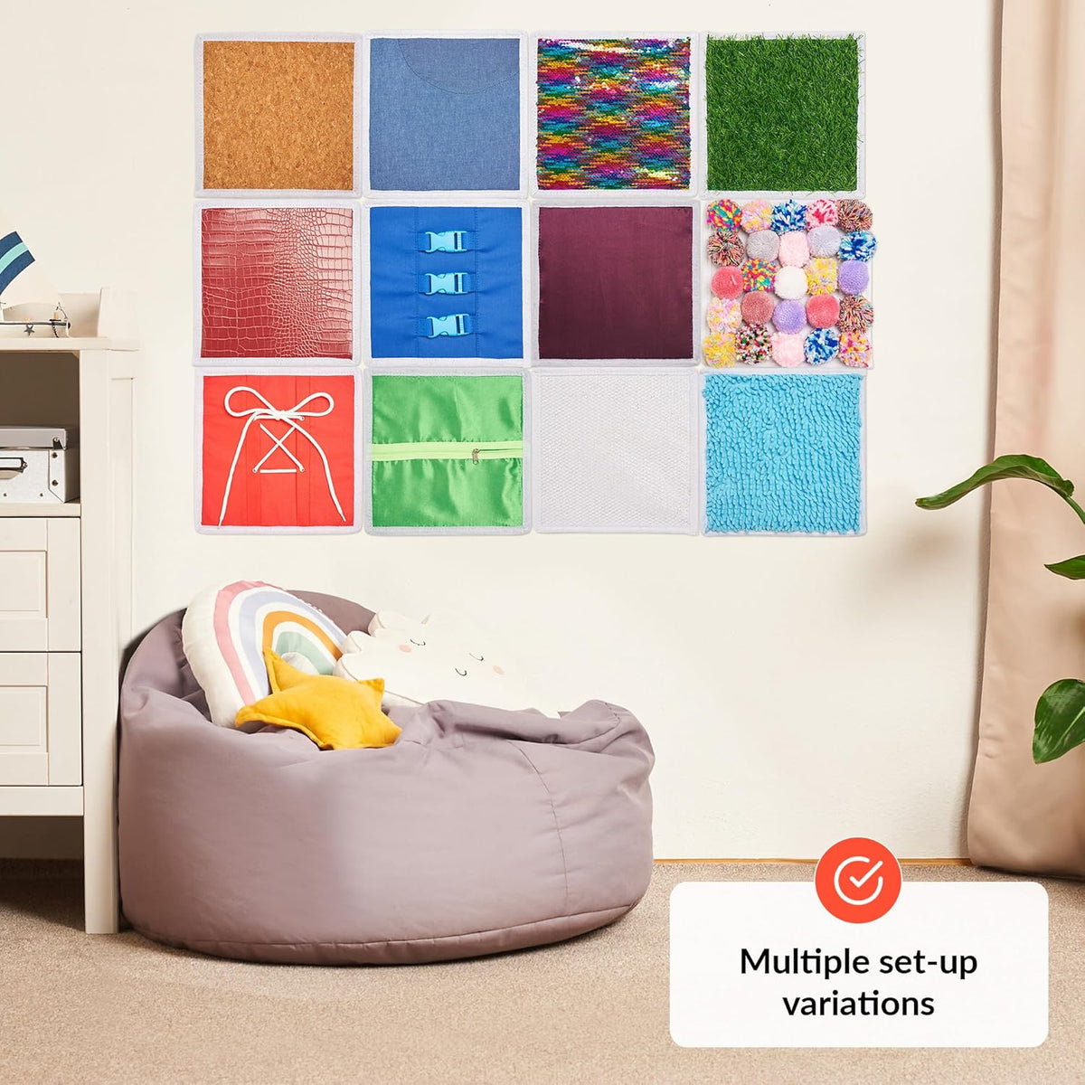 Color swatch wall with bean bag chair and decorative items in a room.