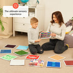 Woman and child playing with sensory materials on the floor in a home setting.