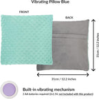 Vibrating pillow with teal front and gray back, showing dimensions and battery requirement.