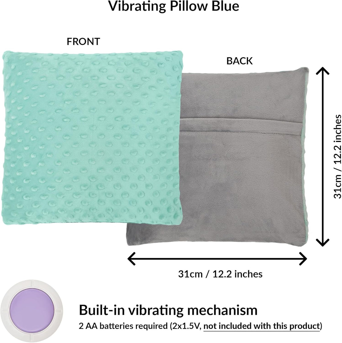 Vibrating pillow with teal front and gray back, showing dimensions and battery requirement.