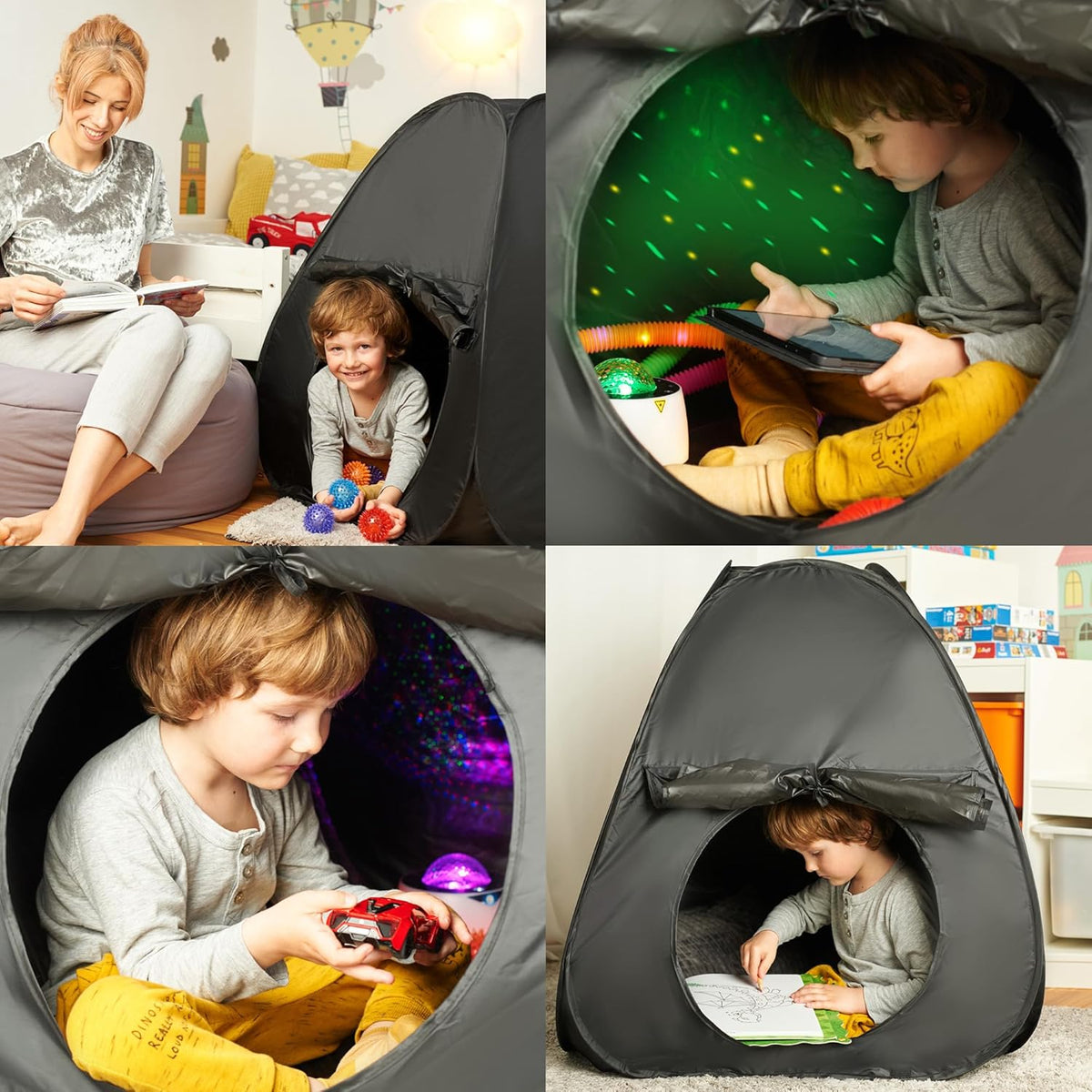 Collage of a child playing inside a black sensory tent with toys and a woman reading nearby.