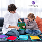 Woman and child playing with colorful educational tablets on a couch