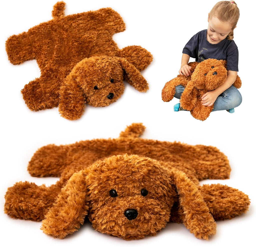 Brown plush dog toy with a child playing with it on a white background