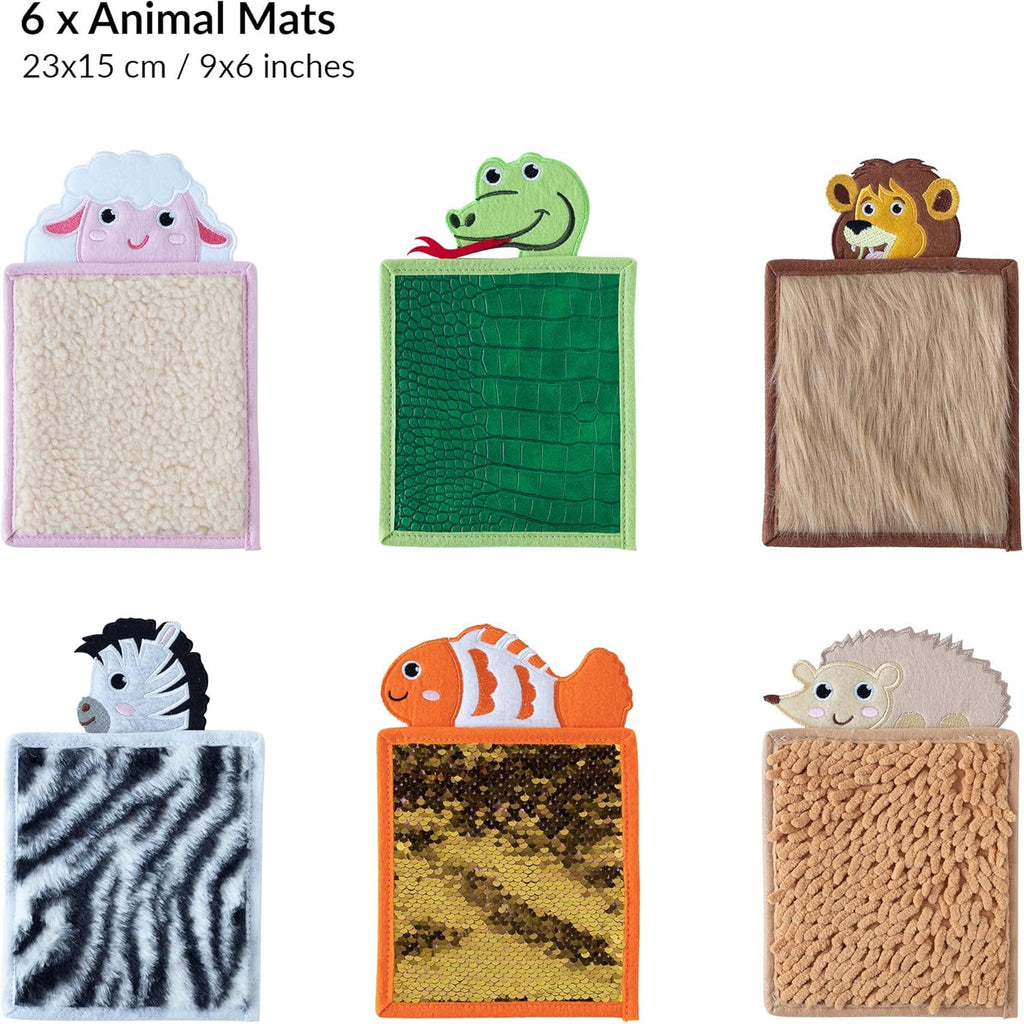 Set of animal-themed sensory mats with various textures and colors on a white background.