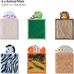 Set of animal-themed sensory mats with various textures and colors on a white background.