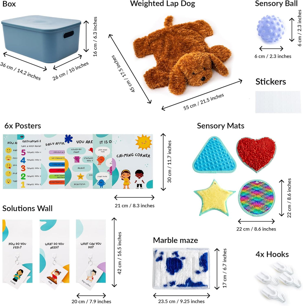 Collection of educational and sensory products with dimensions labeled