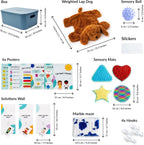 Collection of educational and sensory products with dimensions labeled