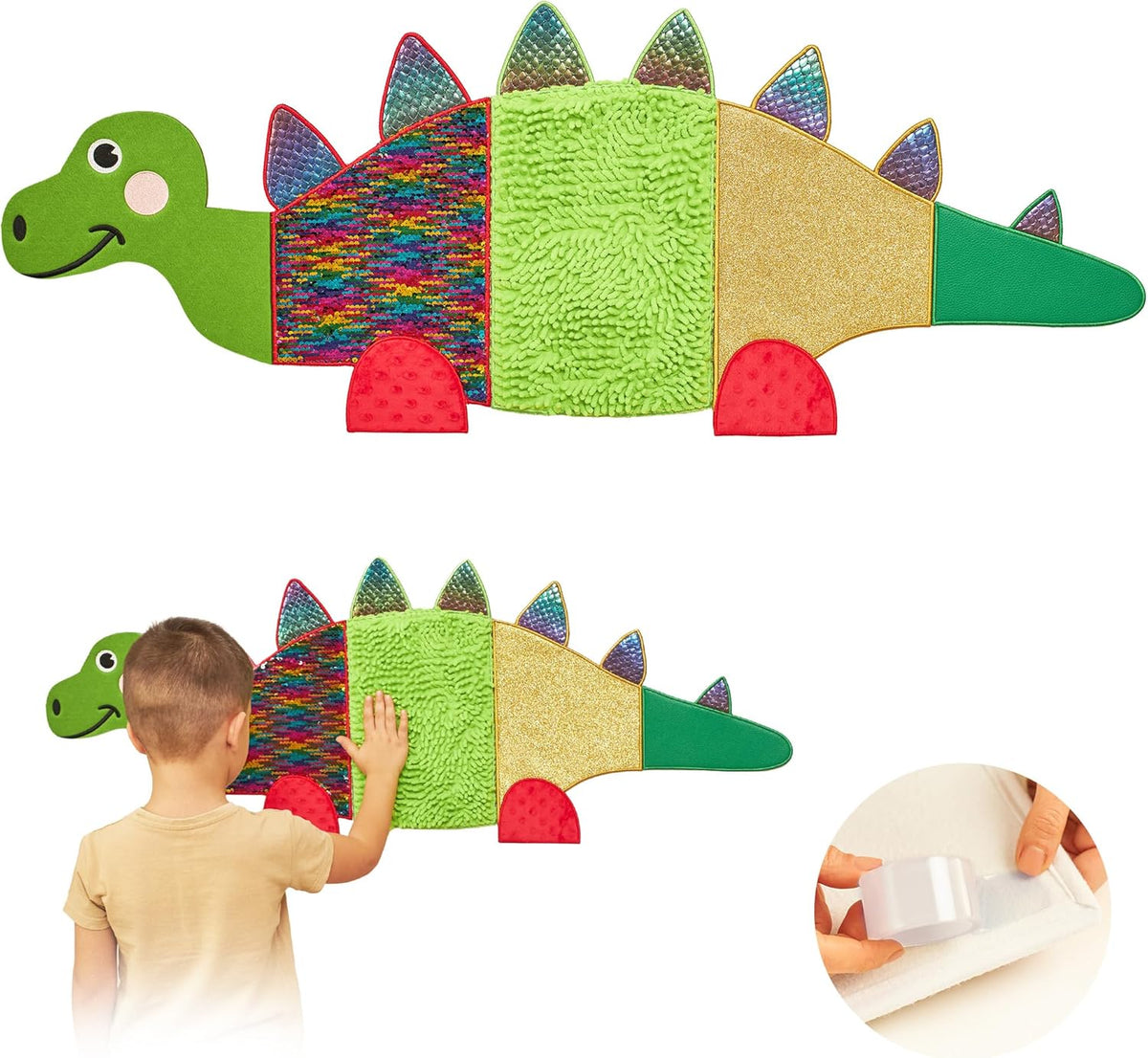 Colorful dinosaur-shaped wall decor with a child interacting with it.