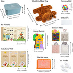 Collection of educational and sensory products with dimensions labeled