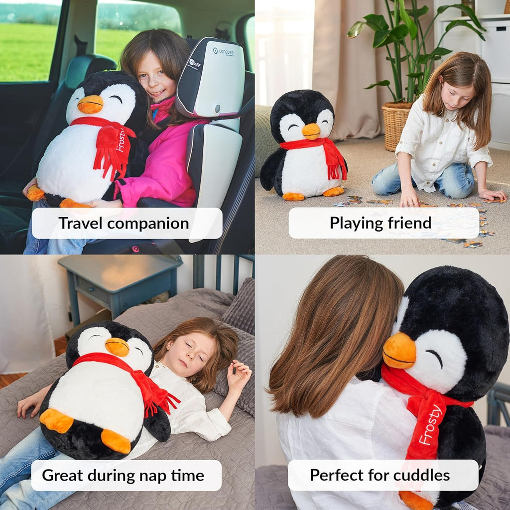 Collage of a weighted penguin plush toy with text labels indicating its uses.