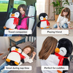 Collage of a weighted penguin plush toy with text labels indicating its uses.