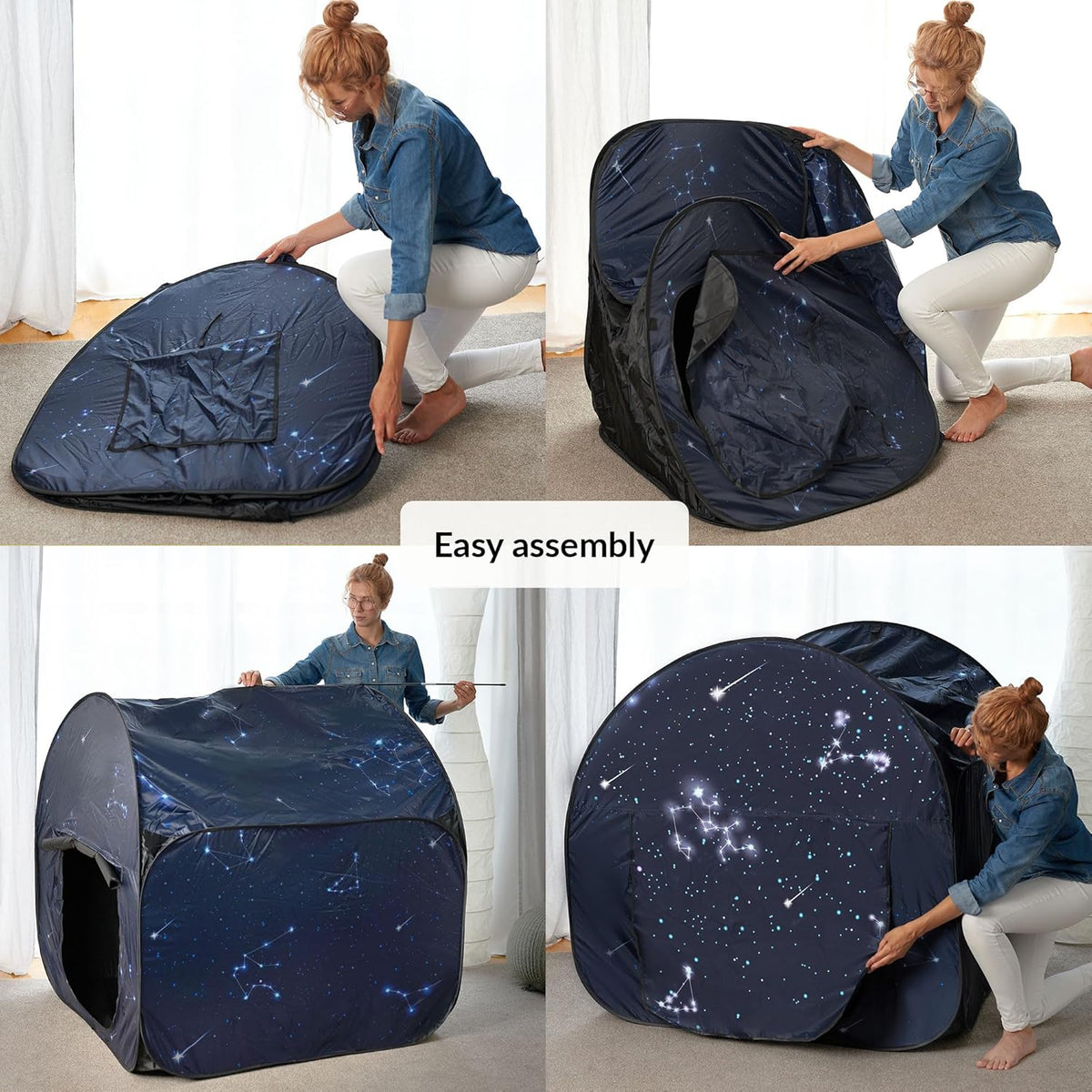 Woman assembling a star-patterned tent with text 'Easy assembly' on a white background.