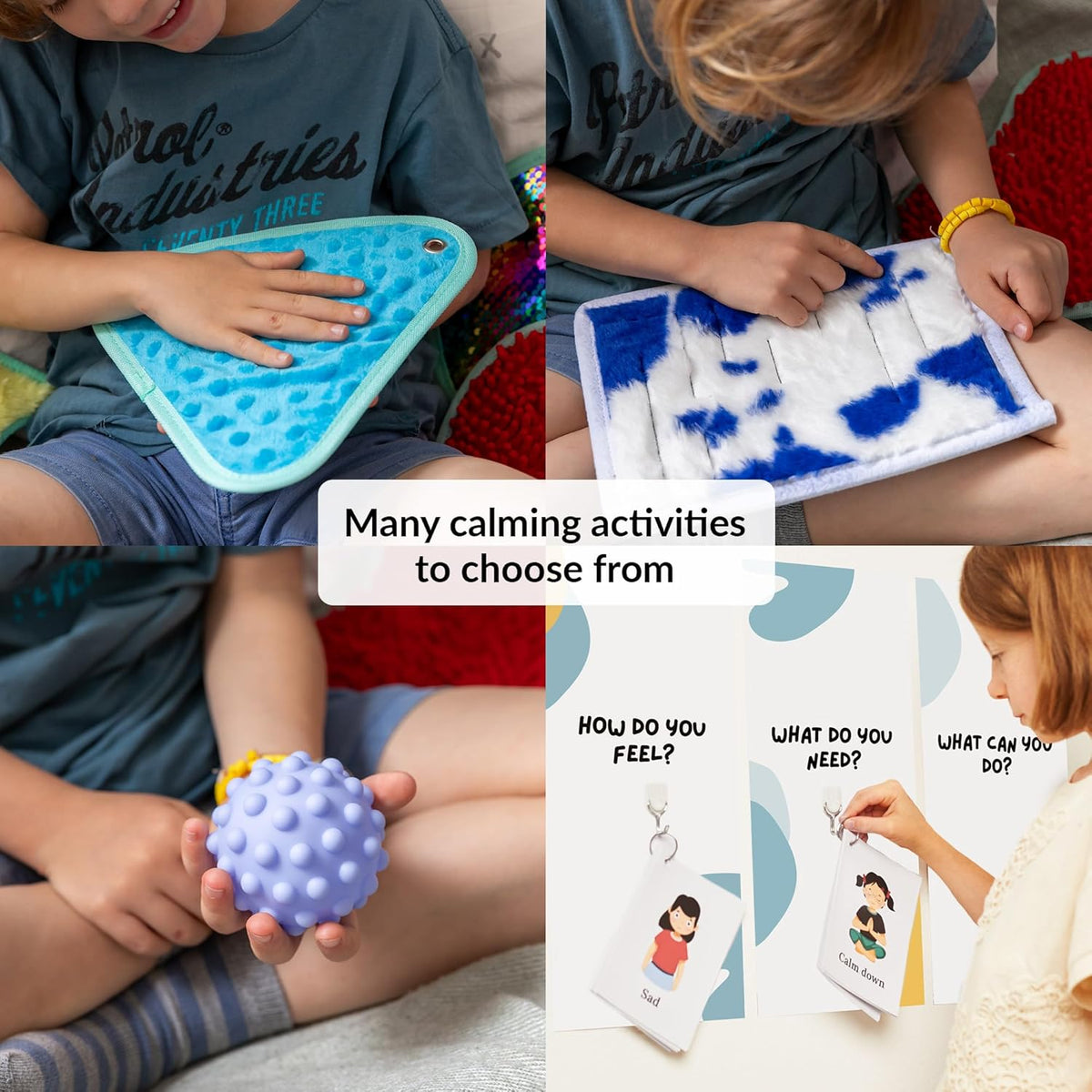 Collage of children engaging in various calming activities with toys and cards.