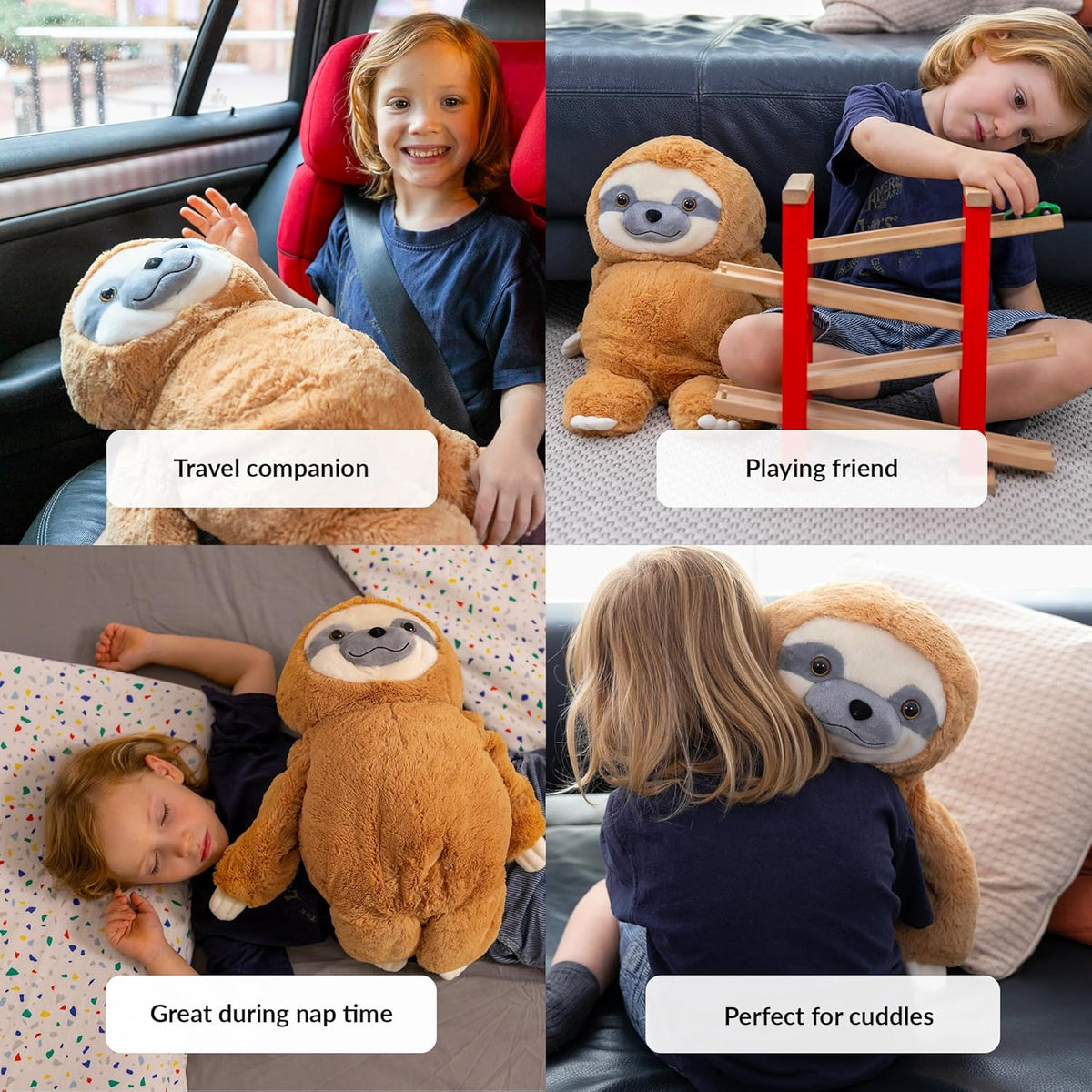 Collage of a child with a sloth plush toy in various scenarios.