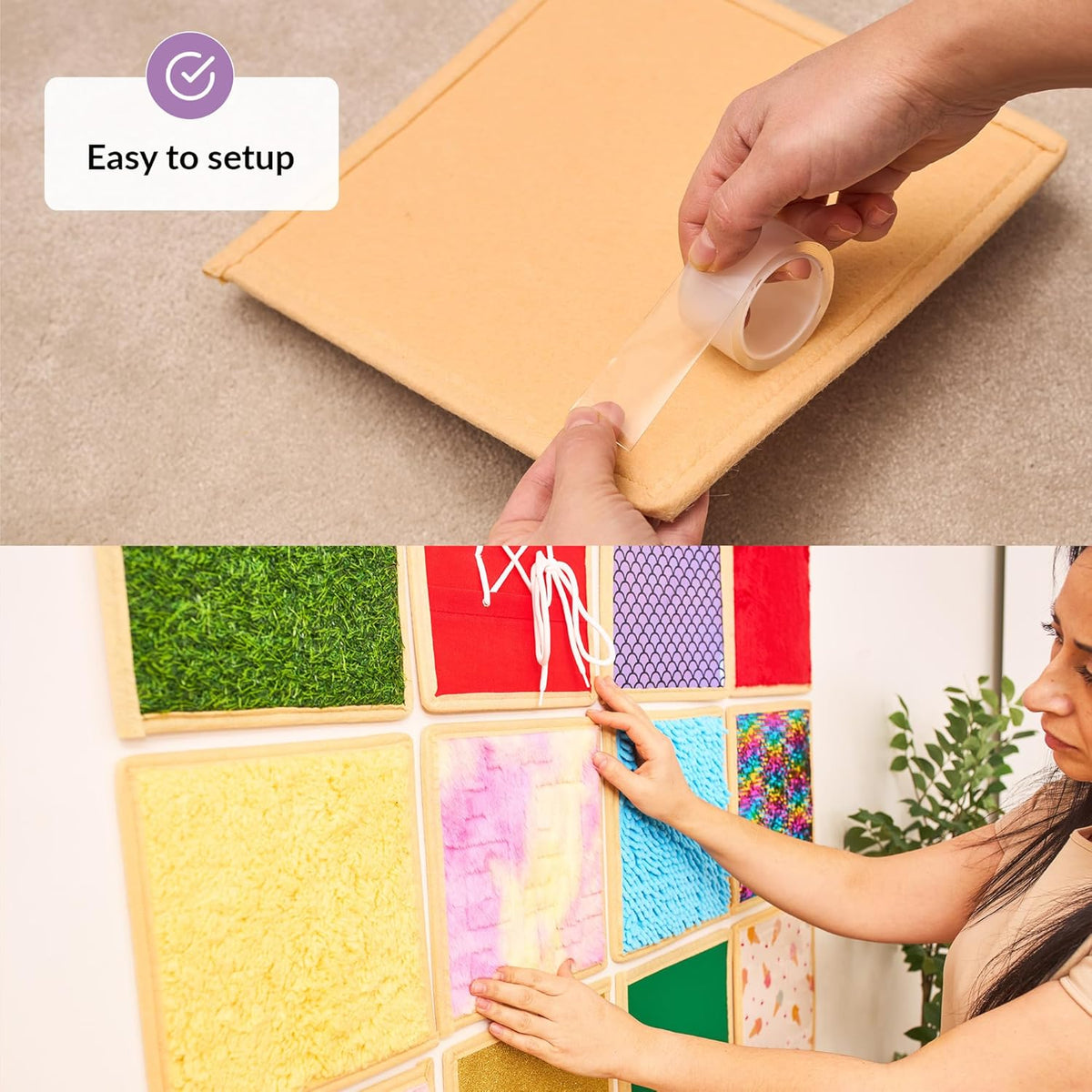 Person setting up colorful sensory tiles on a wall
