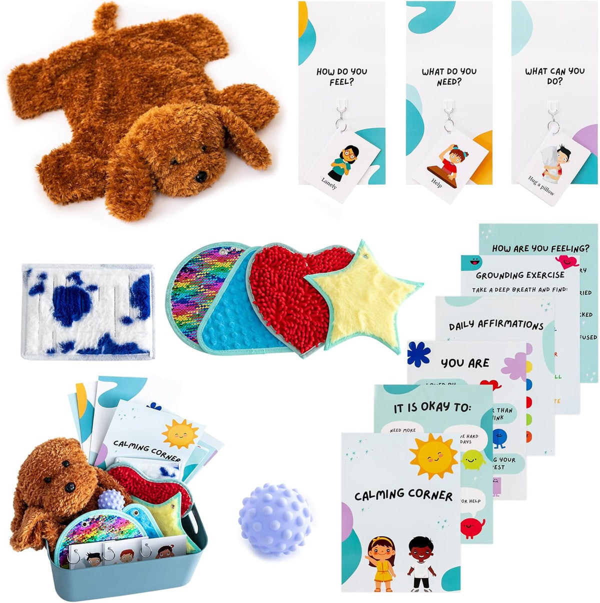 Collage of items including a weighted teddy bear plush, educational cards  and sensory products.