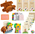 Collage of children's toys and educational materials including a weighted plush dog, educational cards, and sensory tiles.