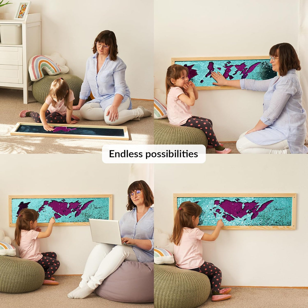 Collage of a woman and two children interacting with a sequins toy on the wall