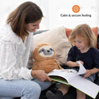 Woman and child reading a book together with a plush sloth toy on a couch, featuring the text 'Calm & secure feeling'.