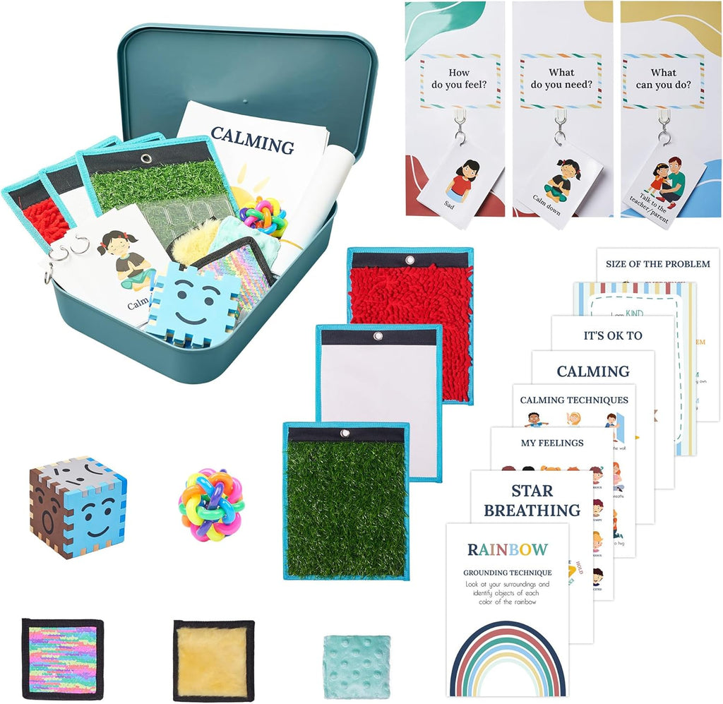 Collection of calming tools and educational materials for children, including a storage box, educational cards, and sensory items.