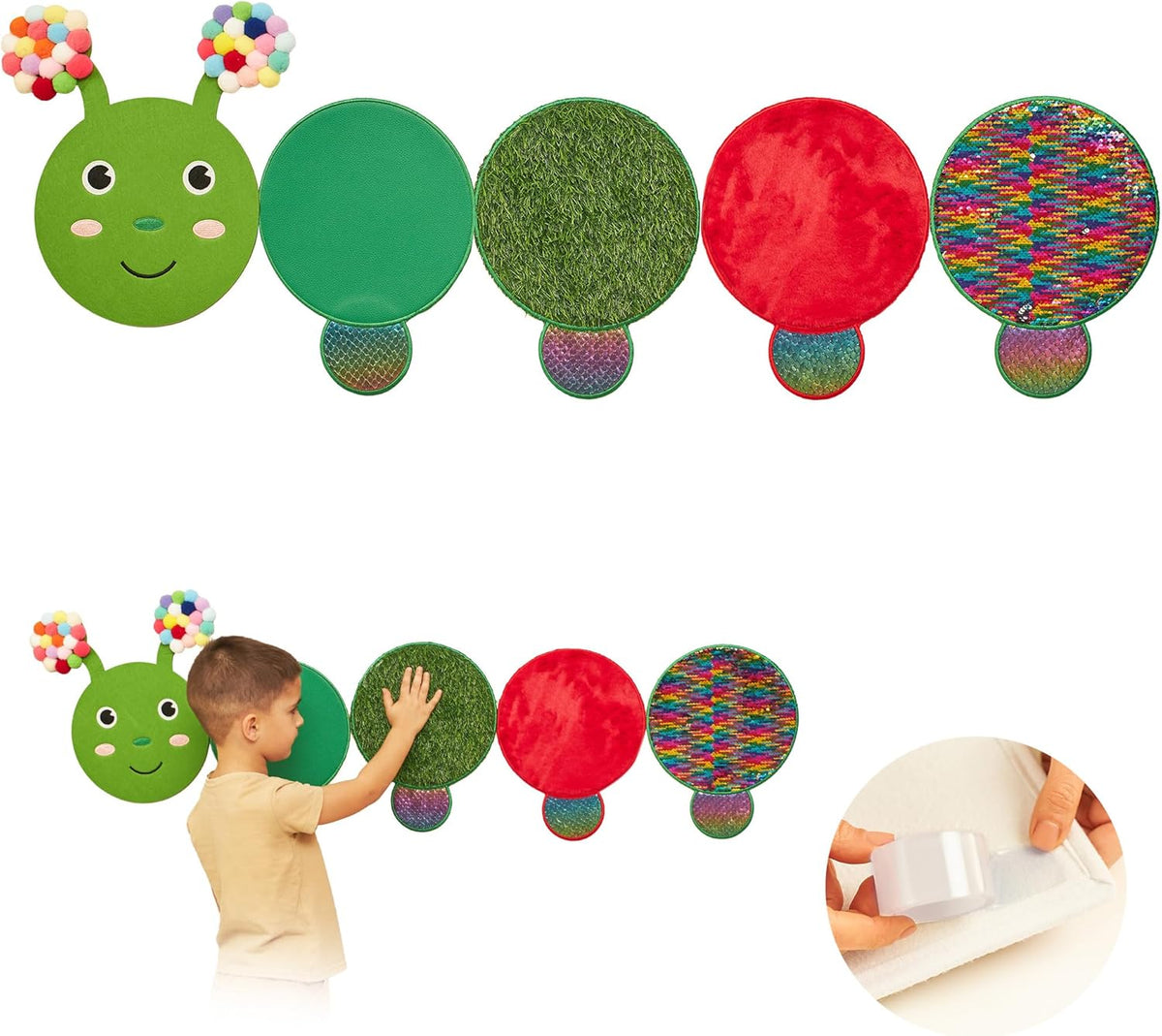 Colorful caterpillar-shaped wall stickers with an autistic child interacting with them.