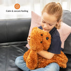 Child hugging a weighted lap dog with text 'Calm & secure feeling' on a blurred background