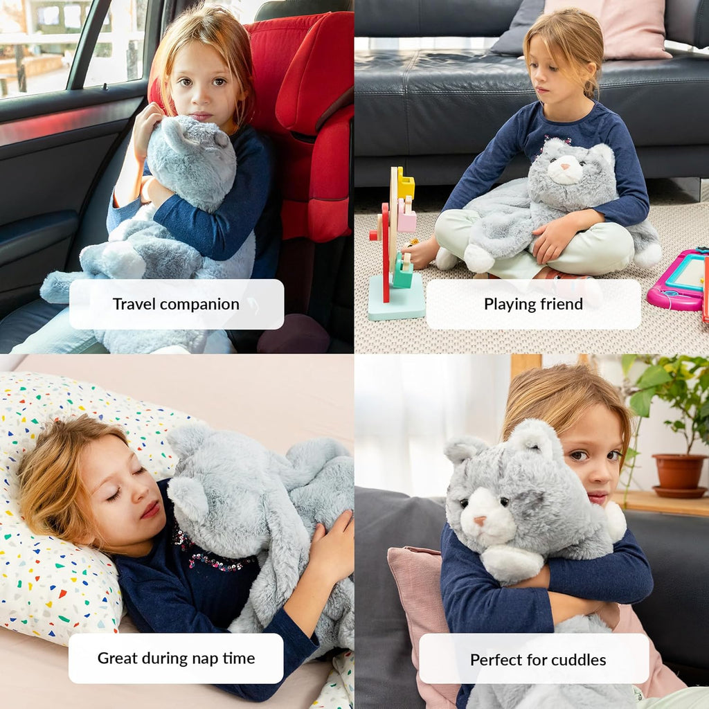 Collage of a child with a gray weighted cat in various settings.