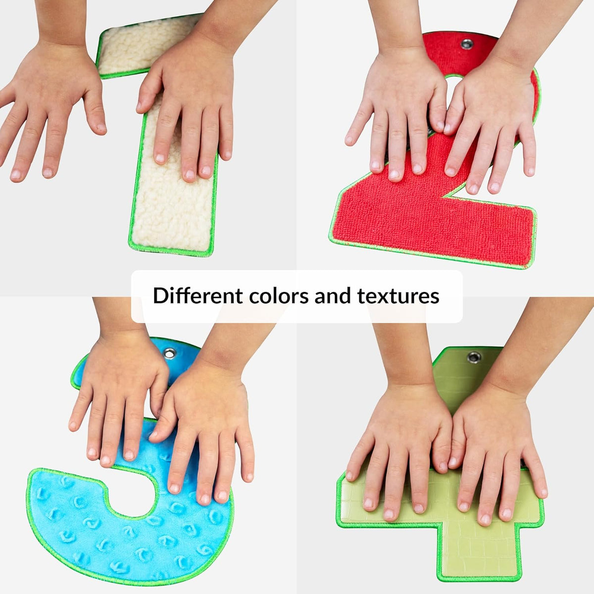 Four hands interacting with number-shaped sensory panels in different colors and textures on a white background.