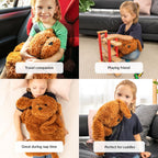 Collage of a child holding a brown lap dog plush with text labels indicating its uses.
