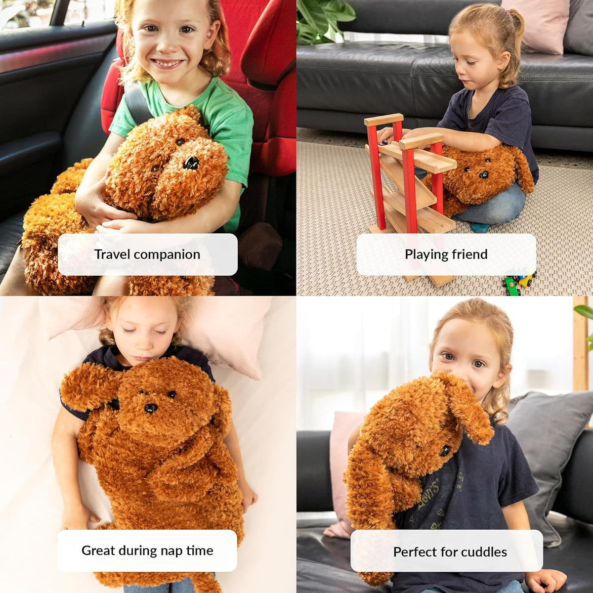 Collage of a child holding a brown lap dog plush with text labels indicating its uses.