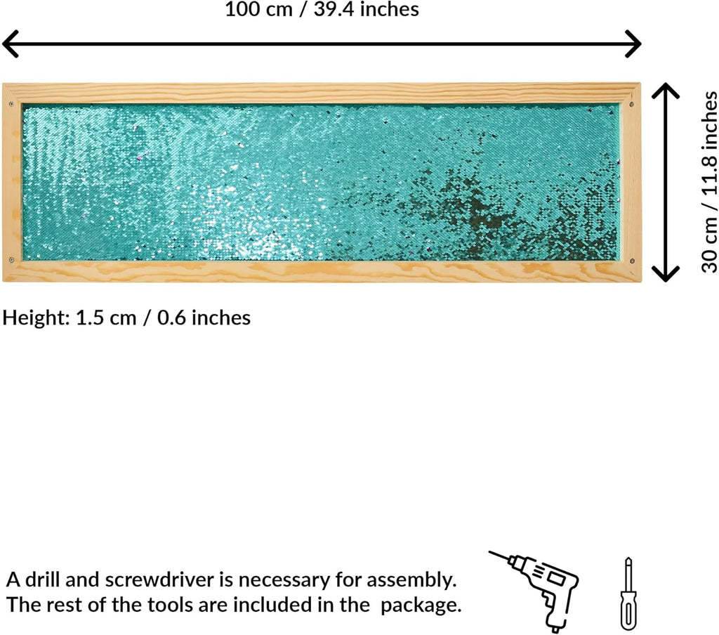 Measurement chart of a rectangular turquoise sequins panel with wooden frame, dimensions included.